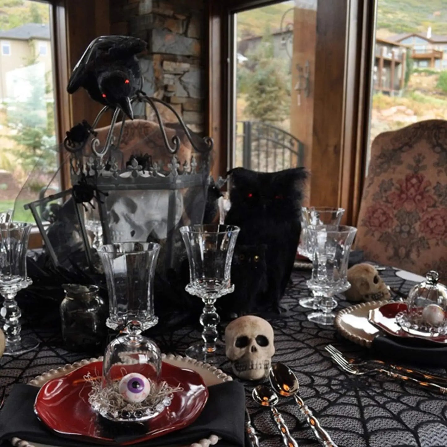 Halloween Lace Table Runner – Black Spider Web Mantel & Table Décor