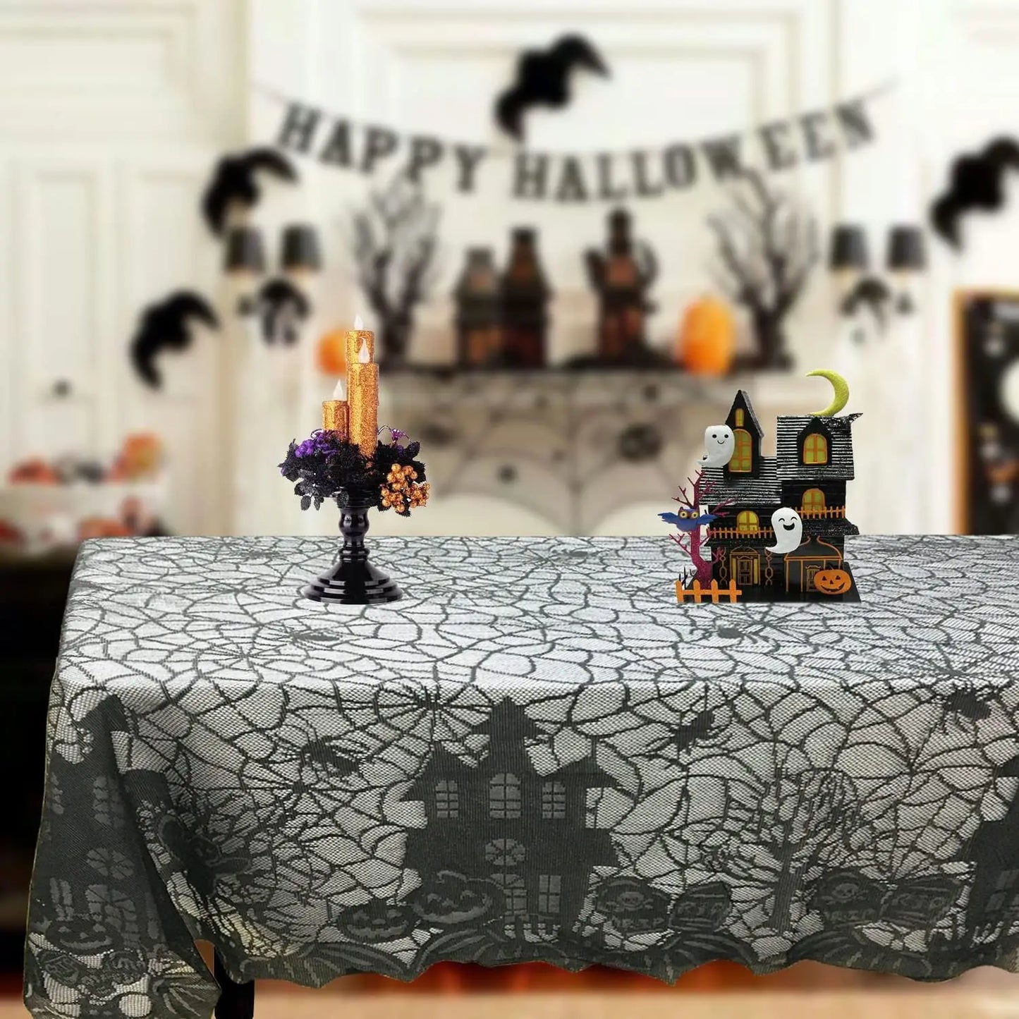 Halloween Lace Table Runner – Black Spider Web Mantel & Table Décor