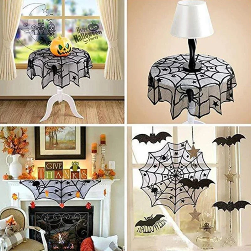 Halloween Lace Spider Web Tablecloth – Black Skull Mantel & Party Décor