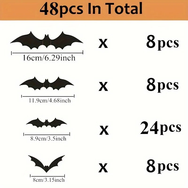 48pcs 3D Black Bat Wall Stickers – Halloween Party Home Décor