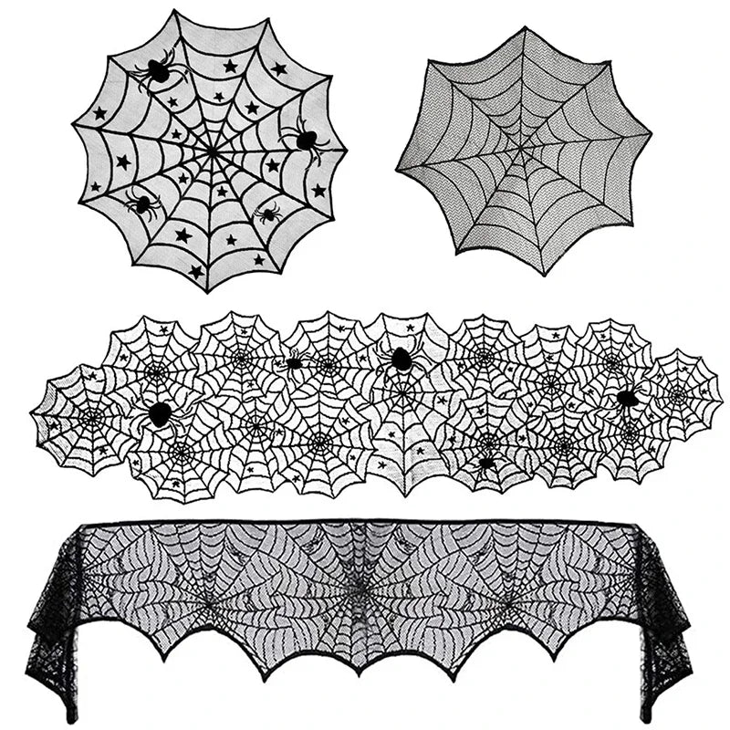 Halloween Lace Spider Web Tablecloth – Black Skull Mantel & Party Décor