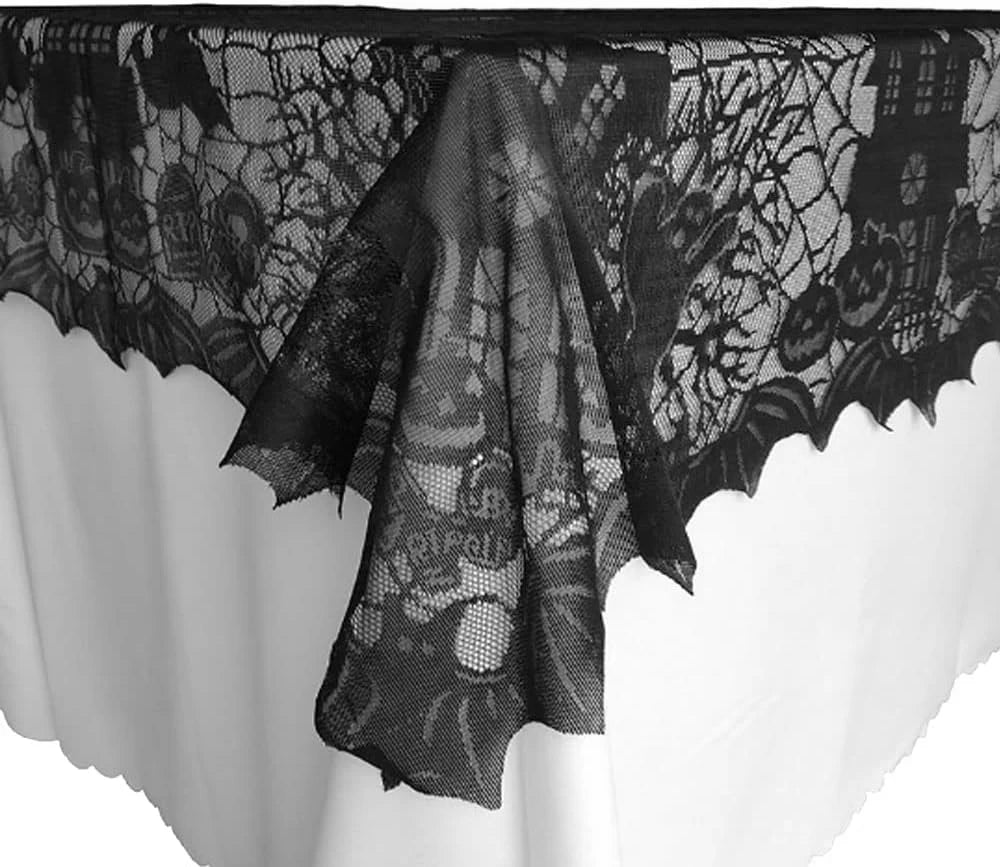 Halloween Lace Table Runner – Black Spider Web Mantel & Table Décor