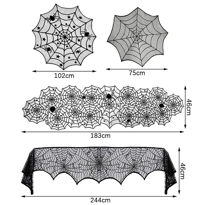 Halloween Lace Spider Web Tablecloth – Black Skull Mantel & Party Décor