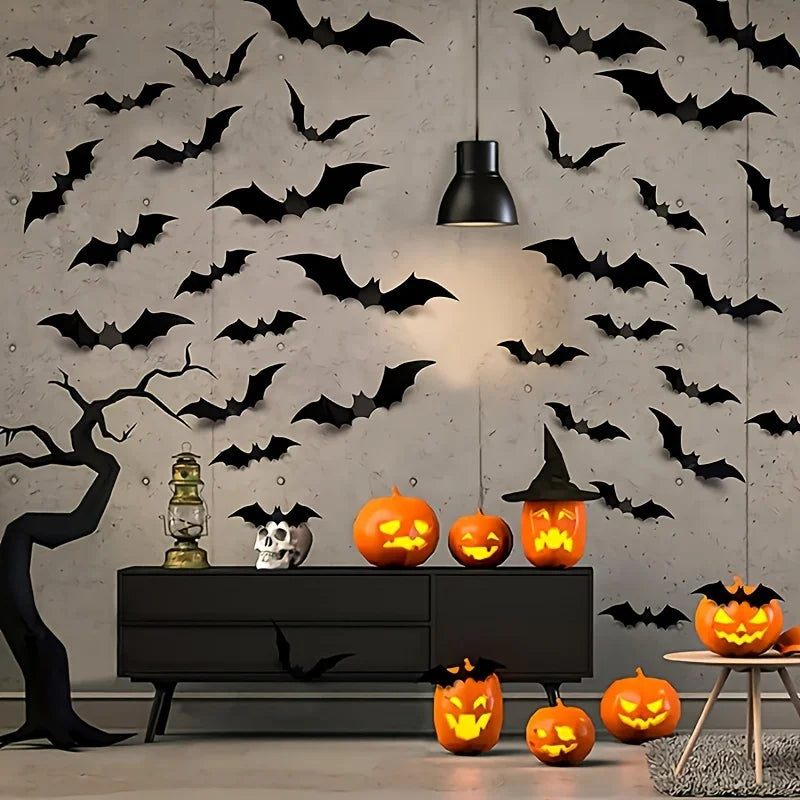 48pcs 3D Black Bat Wall Stickers – Halloween Party Home Décor
