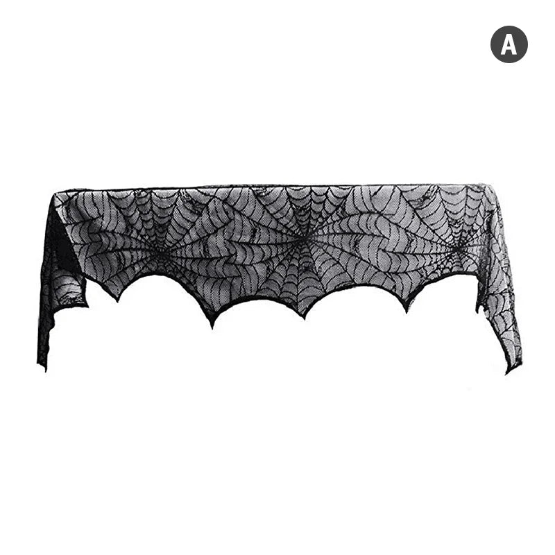 Halloween Lace Spider Web Tablecloth – Black Skull Mantel & Party Décor