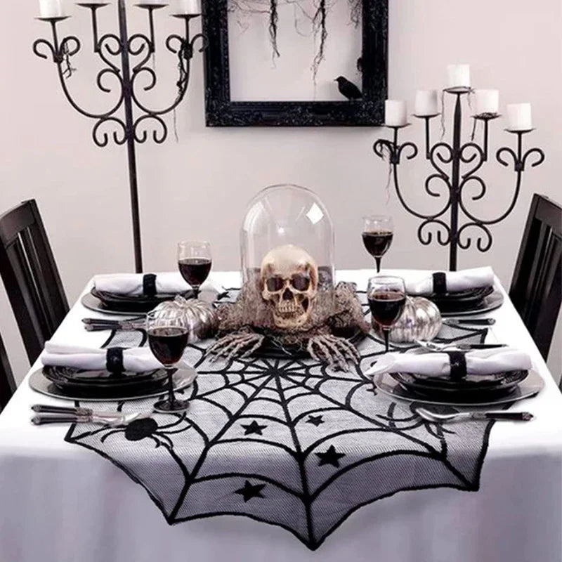 Halloween Lace Spider Web Tablecloth – Black Skull Mantel & Party Décor