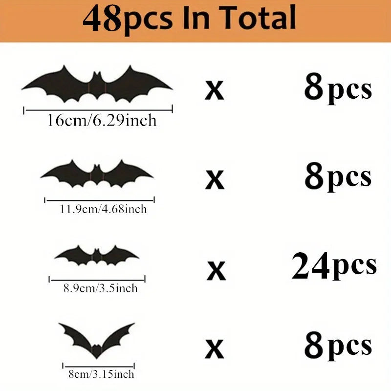 48pcs 3D Black Bat Wall Stickers – Halloween Party Home Décor