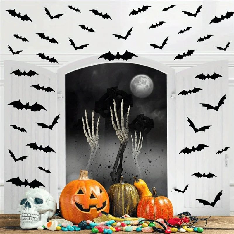 48pcs 3D Black Bat Wall Stickers – Halloween Party Home Décor