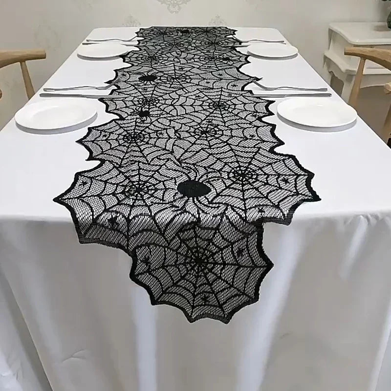 Halloween Lace Spider Web Tablecloth – Black Skull Mantel & Party Décor