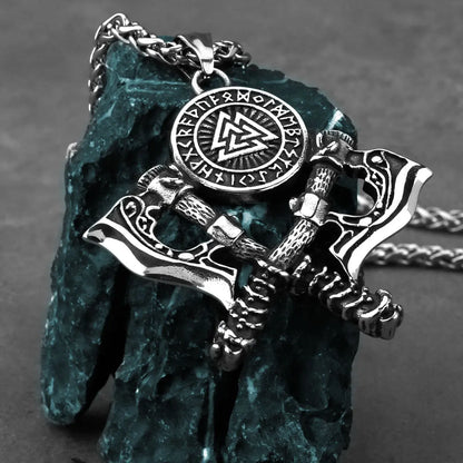 Double Axe Viking Pendant Necklace – Norse Stainless Steel Chain for Men