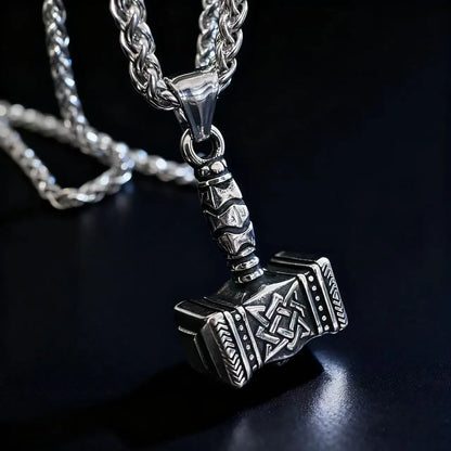 Viking Mjolnir Thor Hammer Pendant – Norse Odin Rune Stainless Steel Necklace for Men