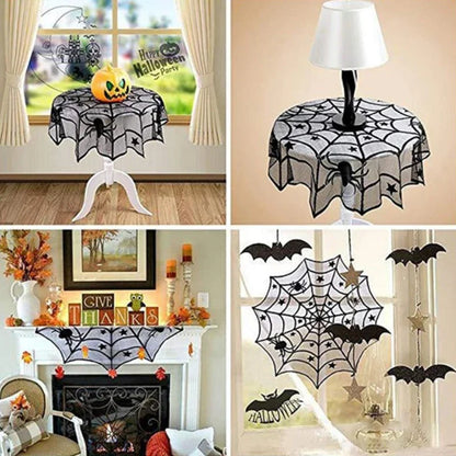 Halloween Lace Spider Web Tablecloth – Black Skull Mantel & Party Décor