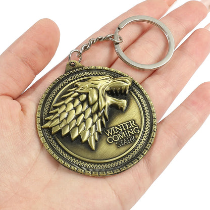 Game of Thrones Winter Is Coming House Stark Wolf Head Badge Key Chains Pendant Ice And Fire Keyring Llaveros Of Movie Gifts