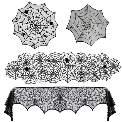 Halloween Lace Spider Web Tablecloth – Black Skull Mantel & Party Décor