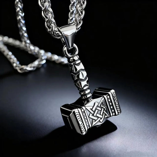 Viking Mjolnir Thor Hammer Pendant – Norse Odin Rune Stainless Steel Necklace for Men