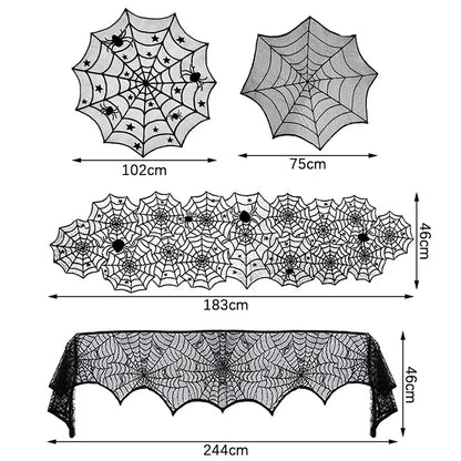 Halloween Lace Spider Web Tablecloth – Black Skull Mantel & Party Décor