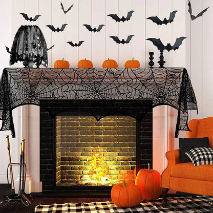 Halloween Lace Spider Web Tablecloth – Black Skull Mantel & Party Décor