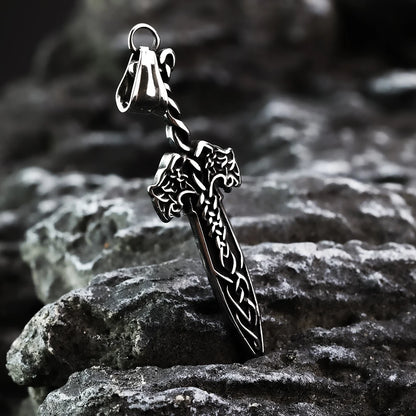 Viking Double Wolf Rune Sword Pendant – Celtic Knot Norse Necklace for Men