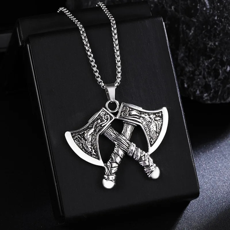 Viking Axe Crow Wolf Pendant Necklace – Norse Mythology Jewelry