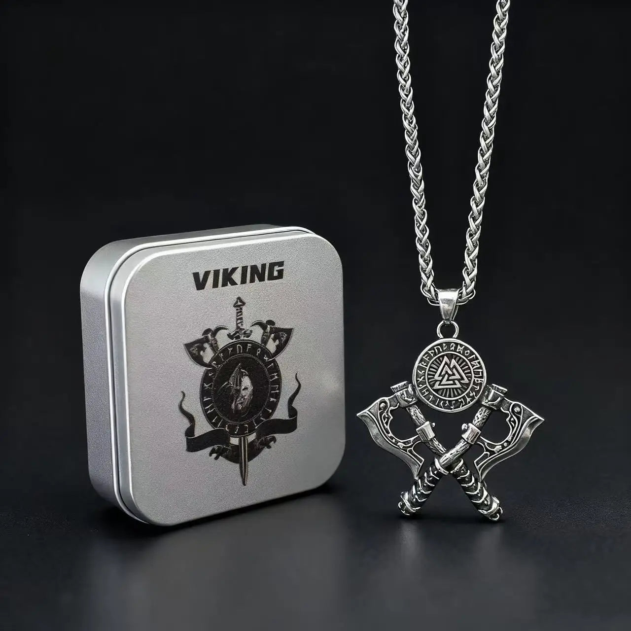 Double Axe Viking Pendant Necklace – Norse Stainless Steel Chain for Men