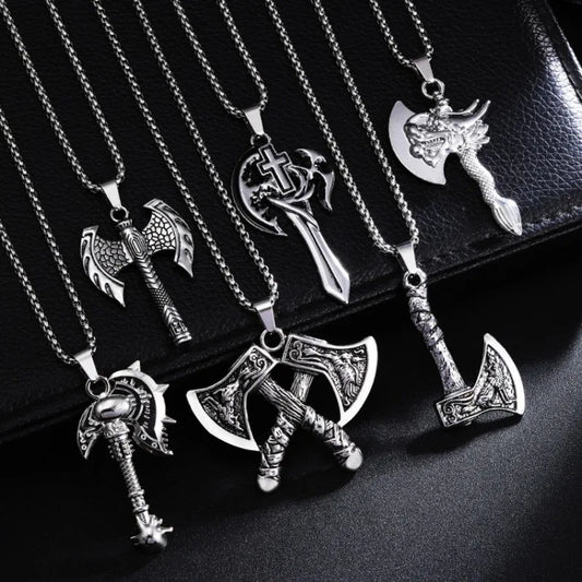 Viking Axe Crow Wolf Pendant Necklace – Norse Mythology Jewelry