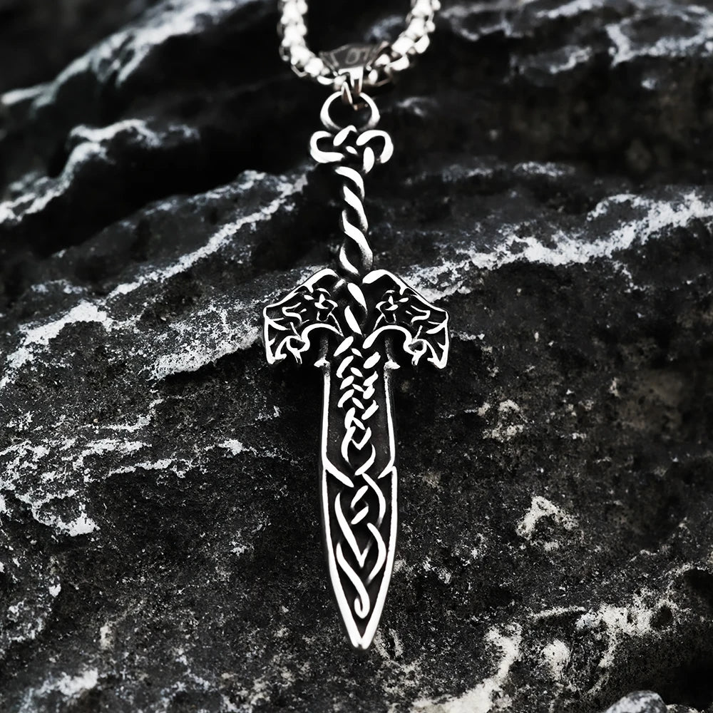 Viking Double Wolf Rune Sword Pendant – Celtic Knot Norse Necklace for Men