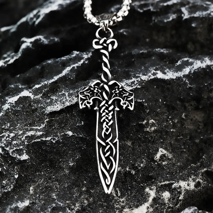 Viking Double Wolf Rune Sword Pendant – Celtic Knot Norse Necklace for Men