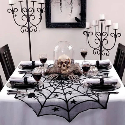 Halloween Lace Spider Web Tablecloth – Black Skull Mantel & Party Décor