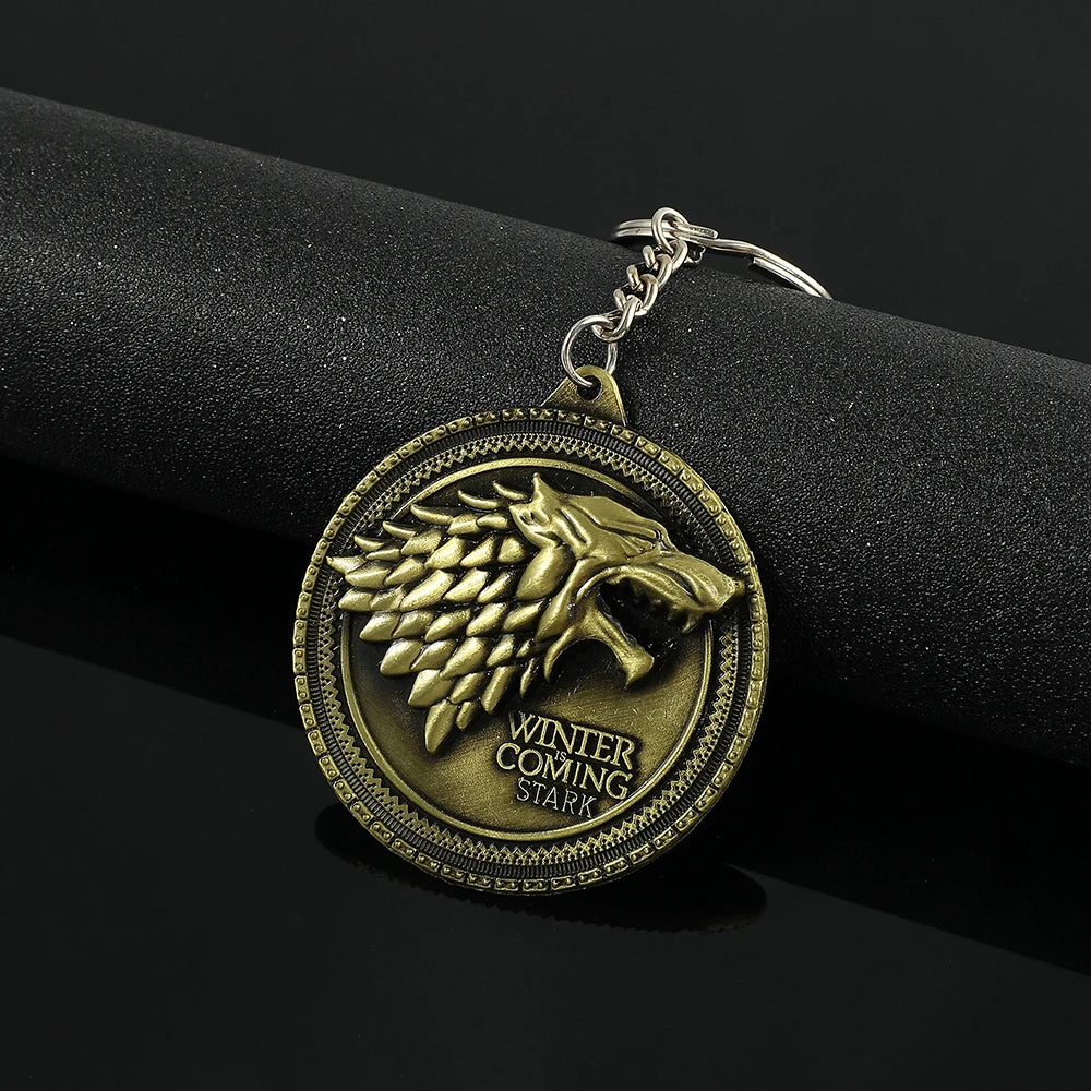 Game of Thrones Winter Is Coming House Stark Wolf Head Badge Key Chains Pendant Ice And Fire Keyring Llaveros Of Movie Gifts
