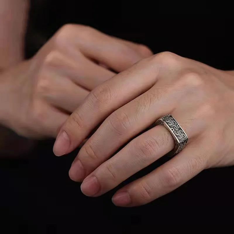 Men Retro Pangu Ring Black Iron Enamel Geometric Ring Game of Thrones Style Domineering Male Finger Jewelry