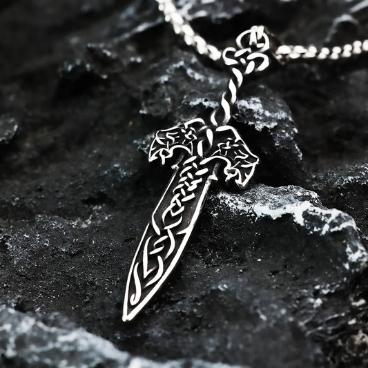 Viking Double Wolf Rune Sword Pendant – Celtic Knot Norse Necklace for Men