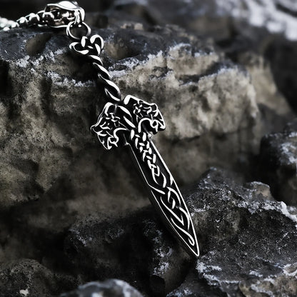 Viking Double Wolf Rune Sword Pendant – Celtic Knot Norse Necklace for Men