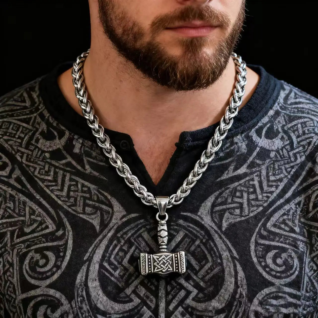Viking Mjolnir Thor Hammer Pendant – Norse Odin Rune Stainless Steel Necklace for Men