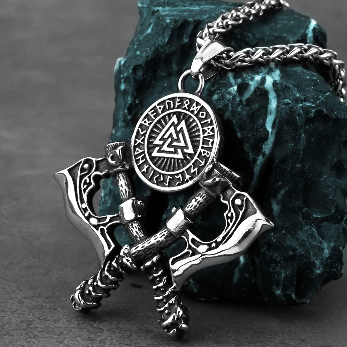 Double Axe Viking Pendant Necklace – Norse Stainless Steel Chain for Men