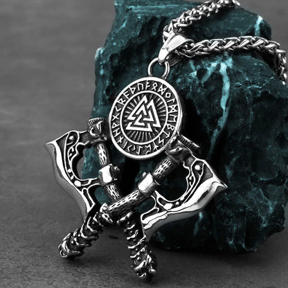 Double Axe Viking Pendant Necklace – Norse Stainless Steel Chain for Men