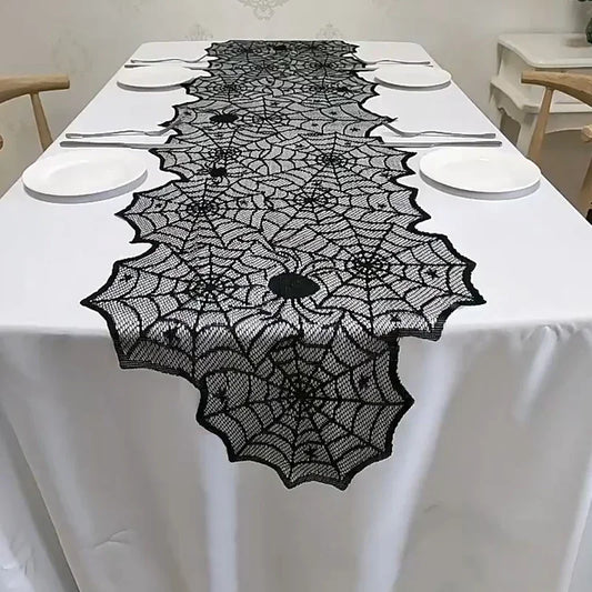 Halloween Lace Spider Web Tablecloth – Black Skull Mantel & Party Décor