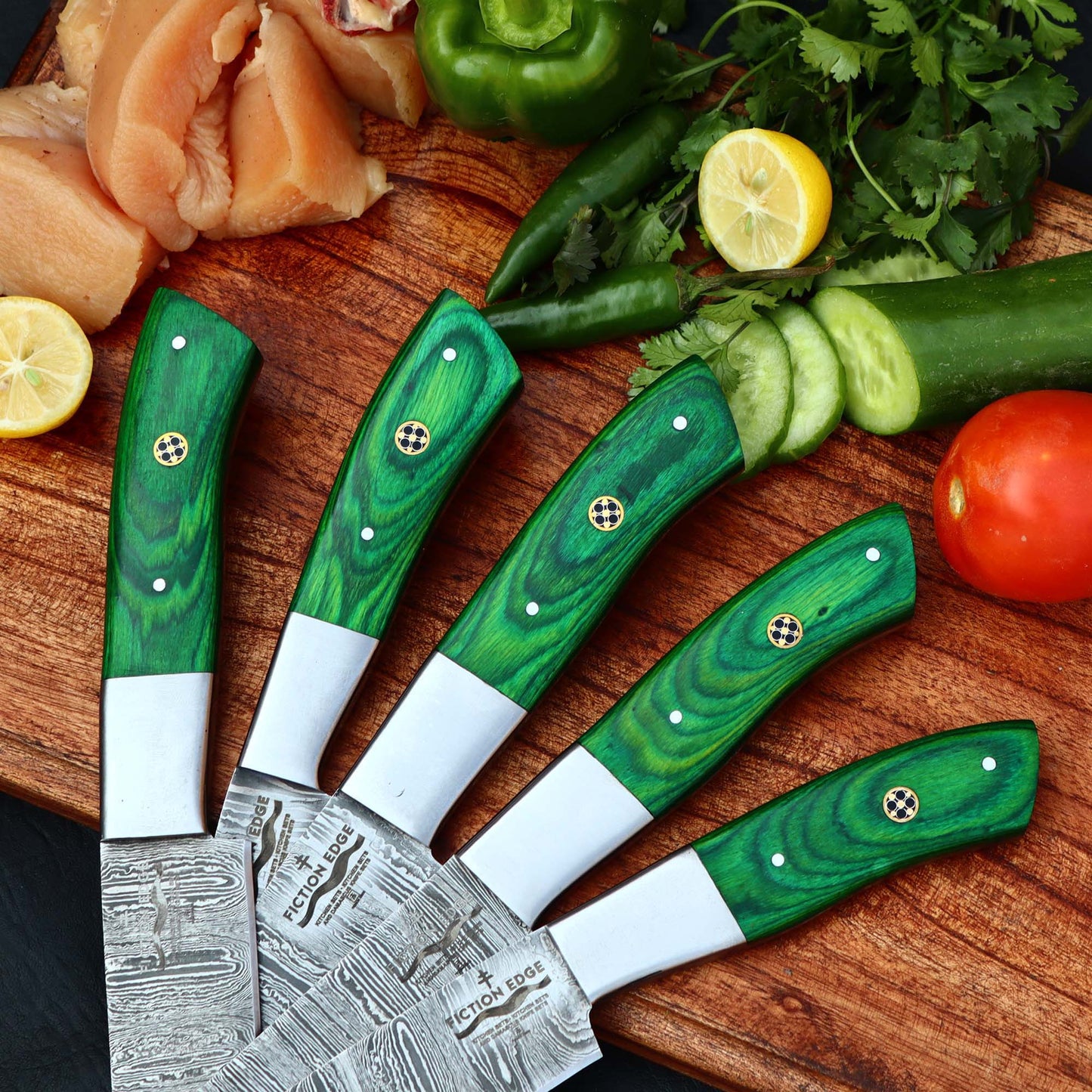 Damascus Chef Knife Set | Green Handle Collection | Fiction Edge