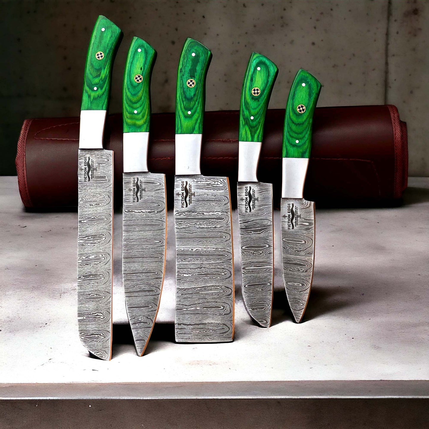 Damascus Chef Knife Set | Green Handle Collection | Fiction Edge