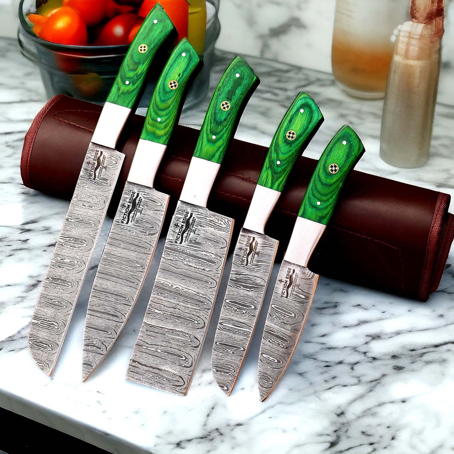 Damascus Chef Knife Set | Green Handle Collection | Fiction Edge