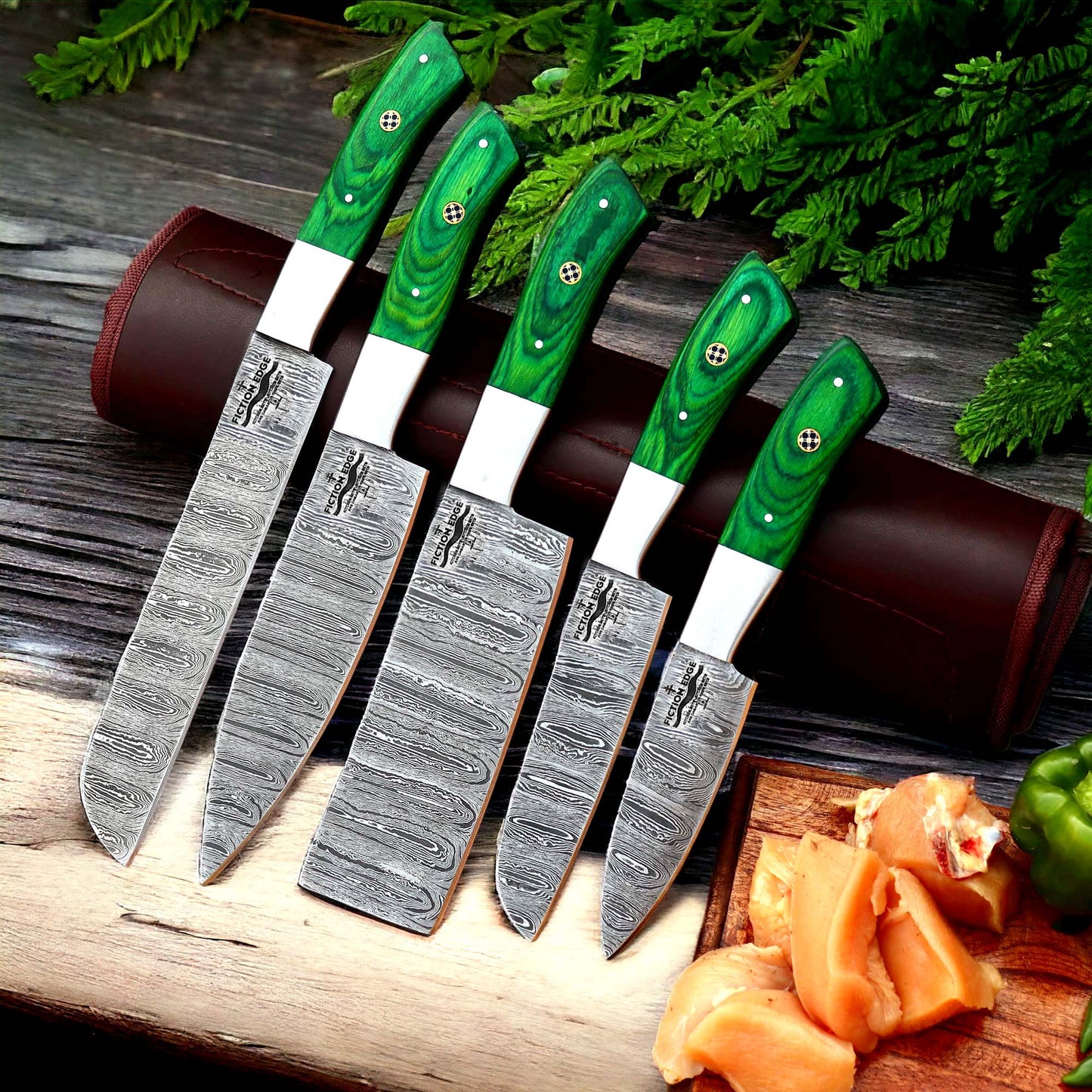 Damascus Chef Knife Set | Green Handle Collection | Fiction Edge