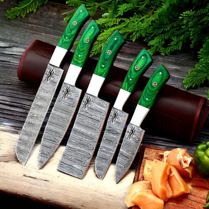 Damascus Chef Knife Set | Green Handle Collection | Fiction Edge