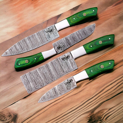 Damascus Chef Knife Set | Green Handle Collection | Fiction Edge