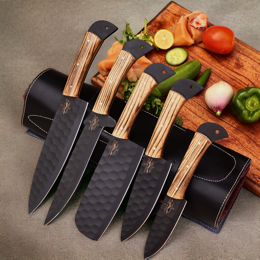 Black Coated Chef Knife Set | 5 Piece with Olive Wood Handles | 5 Pieces chef knife set