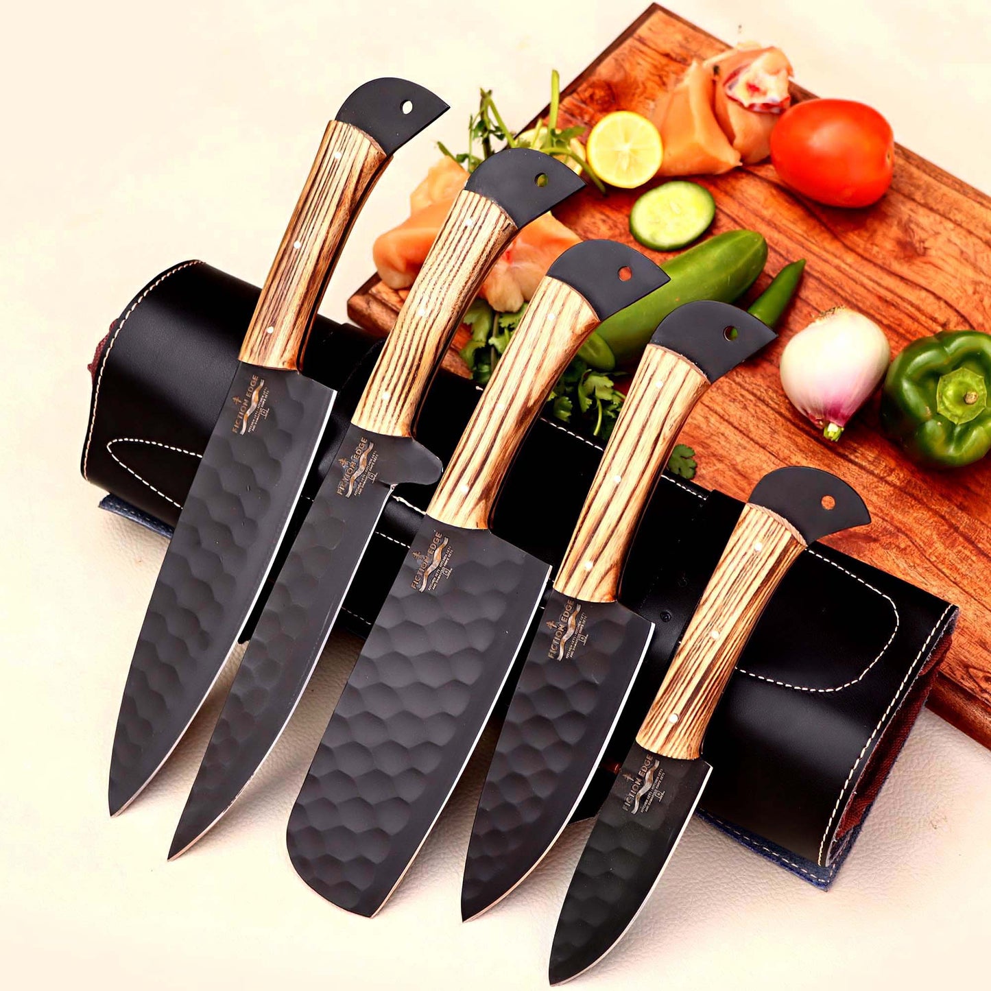 Black Coated Chef Knife Set | 5 Piece with Olive Wood Handles | 5 Pieces chef knife set