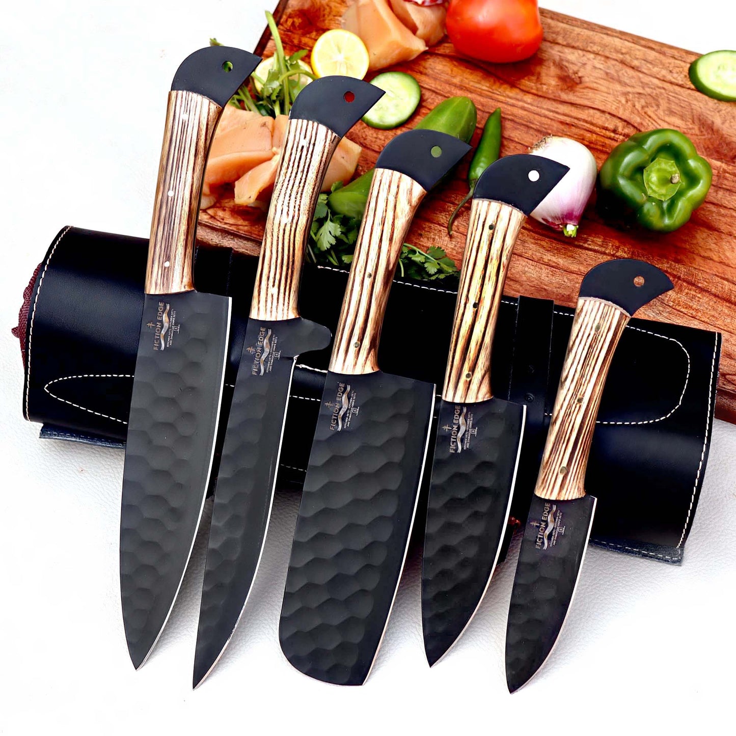 Black Coated Chef Knife Set | 5 Piece with Olive Wood Handles | 5 Pieces chef knife set