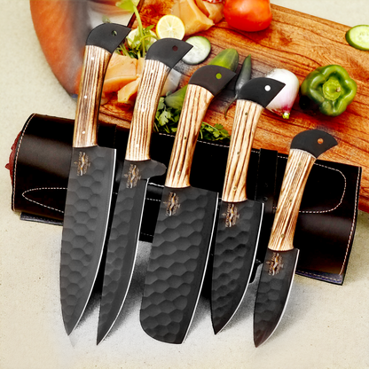 Black Coated Chef Knife Set | 5 Piece with Olive Wood Handles | 5 Pieces chef knife set