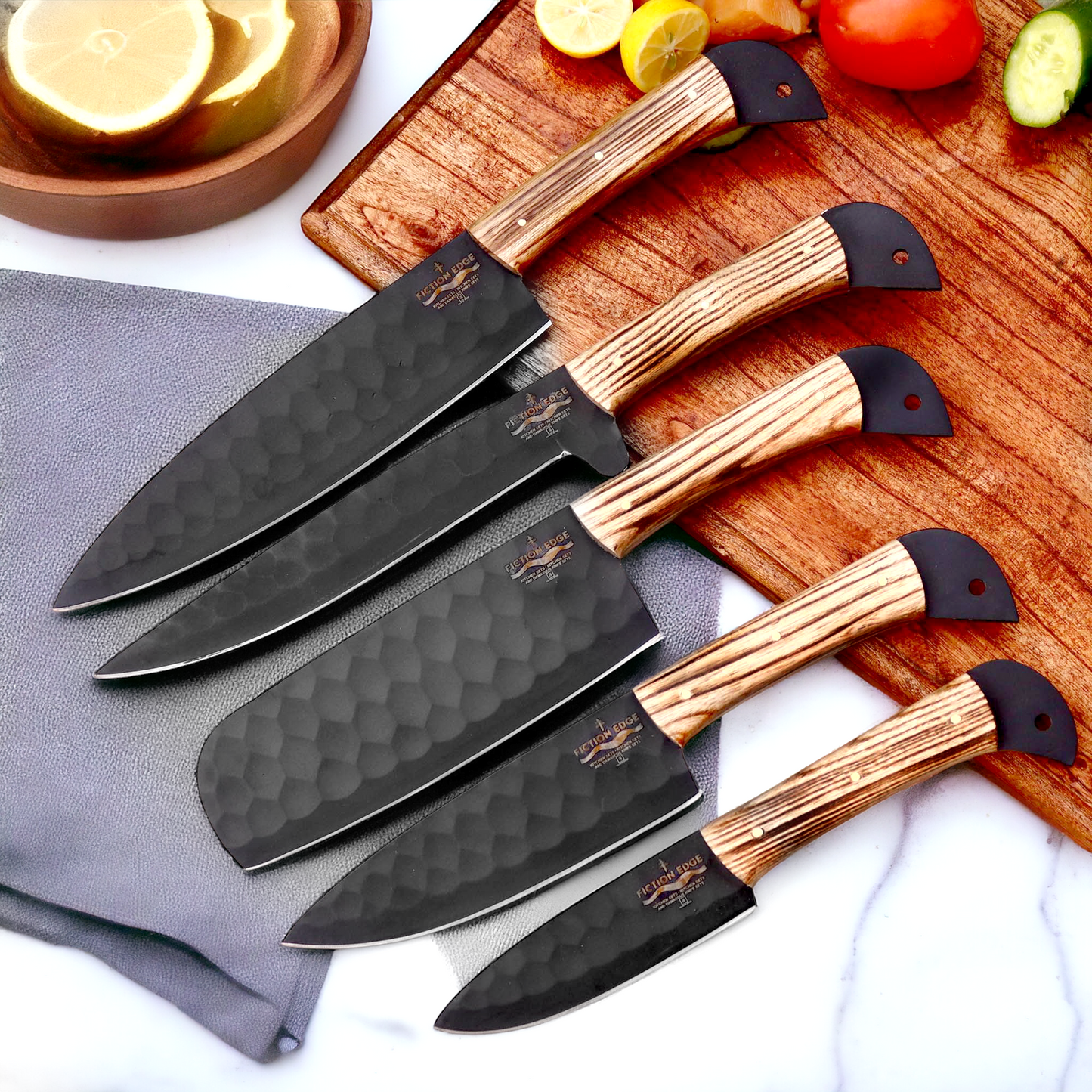 Black Coated Chef Knife Set | 5 Piece with Olive Wood Handles | 5 Pieces chef knife set