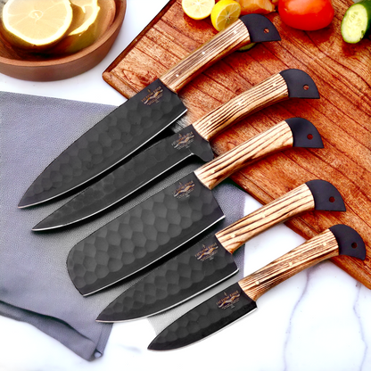 Black Coated Chef Knife Set | 5 Piece with Olive Wood Handles | 5 Pieces chef knife set