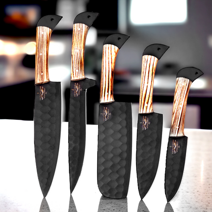 Black Coated Chef Knife Set | 5 Piece with Olive Wood Handles | 5 Pieces chef knife set