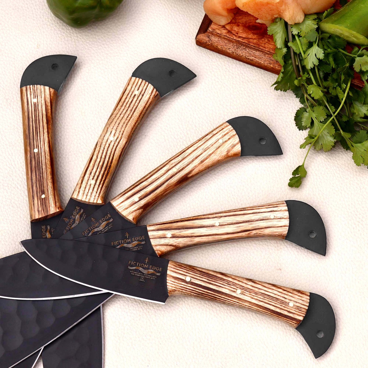 Black Coated Chef Knife Set | 5 Piece with Olive Wood Handles | 5 Pieces chef knife set